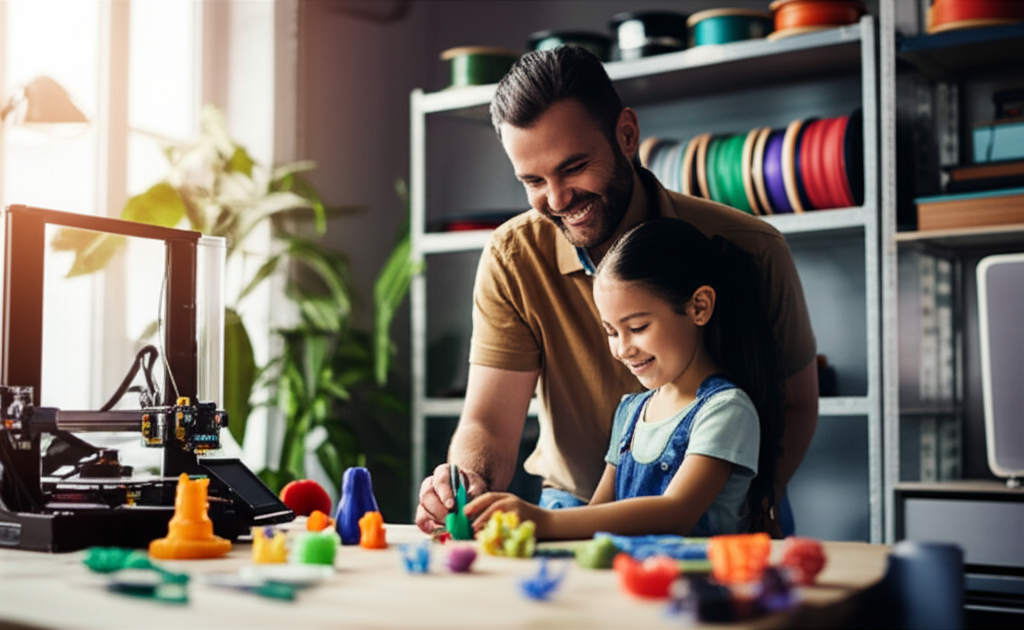Dad and daughter team working on 3D printed toys